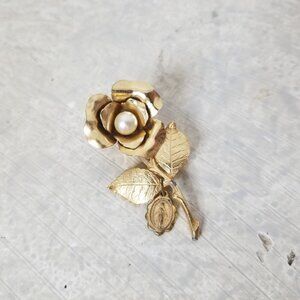 Vintage Catholic Blessed Mary Goldtone Rose Brooch with Miraculous Medal